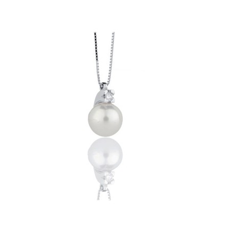 COSCIA Pendente con catena rolò in oro 18kt bianco, perla giapponese diametro 7,5/8 mm e diamanti da 0,02 Kt. - LBPNAK180R+